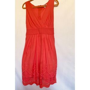 Acclaimed Coral Orange Embroidered Lace Hem V-Neck Fit Flare Dress Womens 12